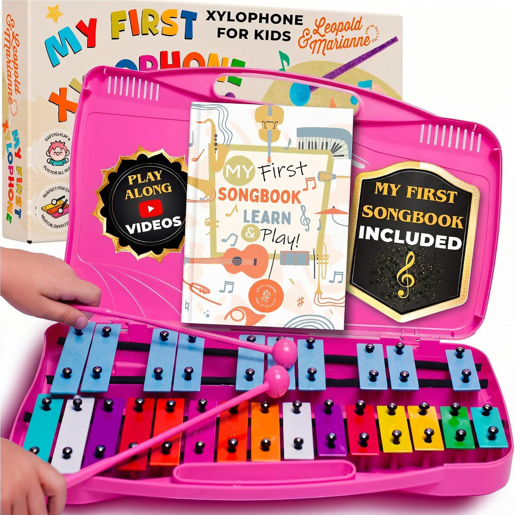 Glockenspiel - Xilófono para niños, instrumento musical cromático de 25 notas con libro de canciones y videos de reproducción, teclas de metal codificadas por colores