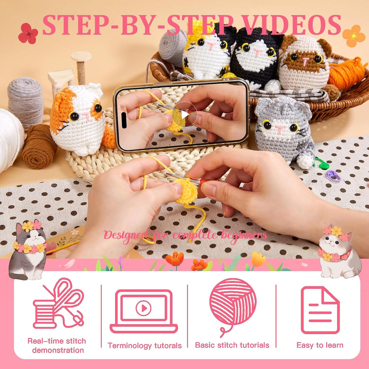 MAGIMUSE Kit de ganchillo para principiantes, kit de ganchillo para principiantes con tutoriales en video paso a paso, kits de animales de ganchillo DIY para manualidades, suministros de tejido