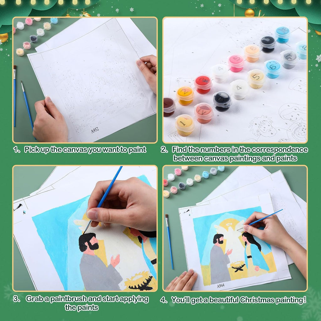 Kosiz Paquete de 10 Escenas de Natividad Navideñas para Pintar por Números para Niños y Adultos de 8x8 Pulgadas, Kits de Pintura al Óleo de Navidad, Artes de Lienzo de Acuarela Fácil para