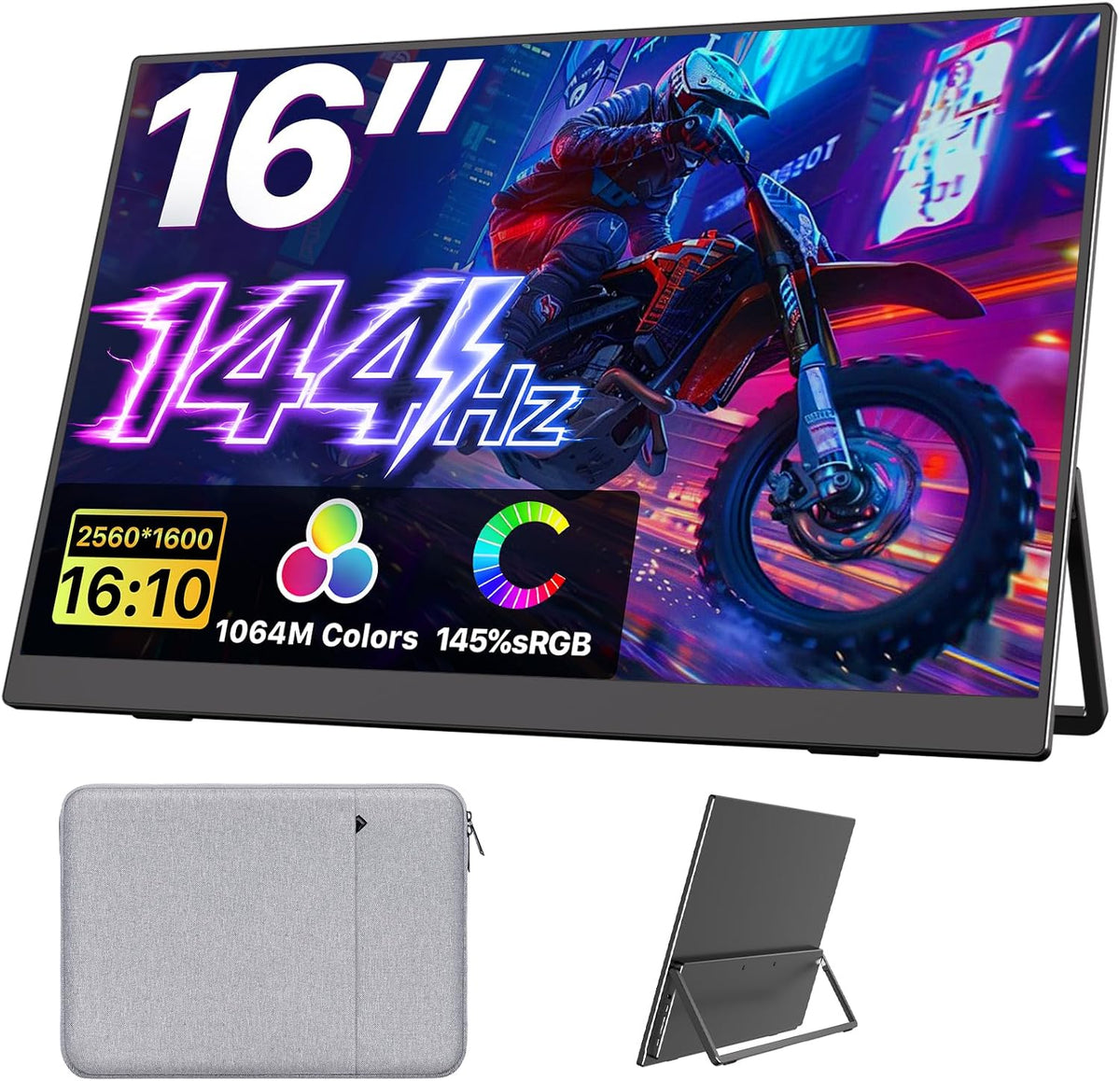 Upperizon Monitor portátil de 16 pulgadas 2K QHD 2560X1600 145% sRGB, 144Hz USB-C, 120Hz HDMI, monitor de viaje para laptop, MacBook, PC, Surface PS5 Xbox, pantalla externa con soporte y altavoz compatible con VESA