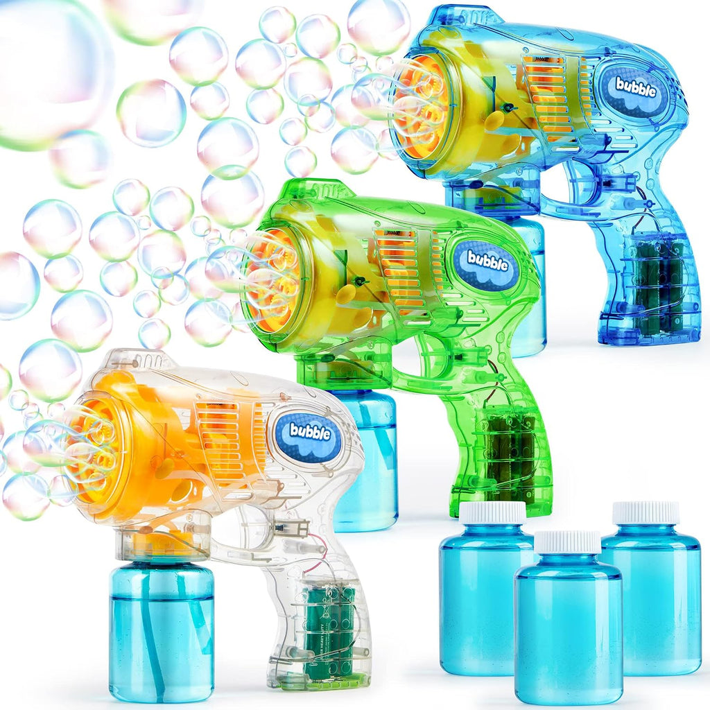 JOYIN 3 paquetes de pistolas de burbujas con 3 soluciones, máquina sopladora automática de burbujas para niños, recuerdos de fiesta, juguete de verano, cumpleaños, actividades al aire libre e interior