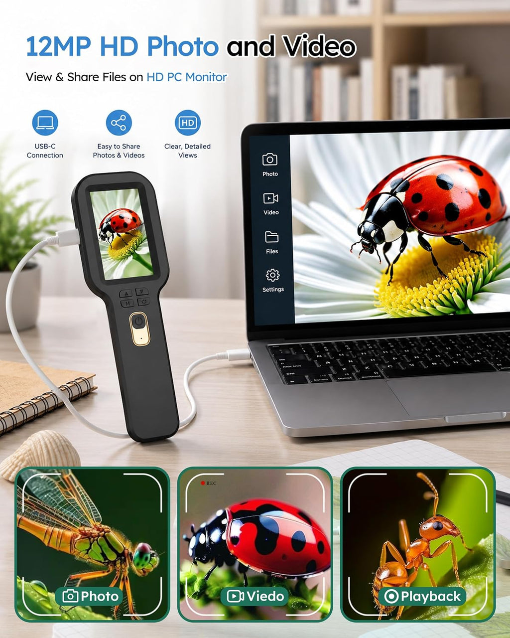 Lupa de Microscopio para Niños con Enfoque Automático y Cámara, 500x, Regalo STEM para Edades de 4 a 12 años