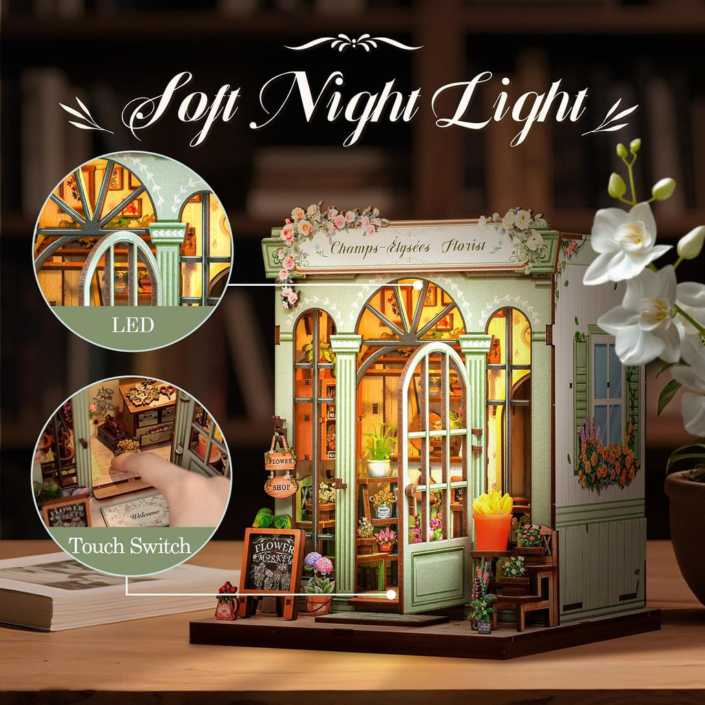 CUTEBEE Kit de rincón de libros - Kit de casa de muñecas en miniatura DIY para adultos y adolescentes, rompecabezas de madera 3D, estantería de casa pequeña Booknook, regalos para la familia (Florista