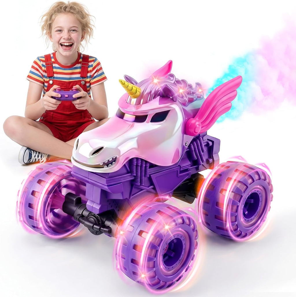 BEZGAR Camión monstruo rosa 1:18, coche de control remoto de unicornio para