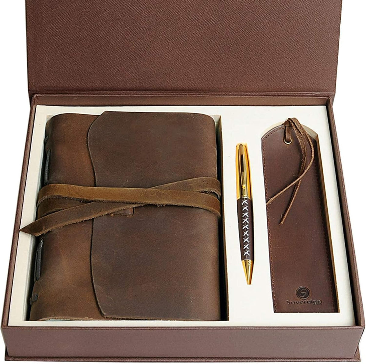 Juego de regalo de diario de cuero con marcador de cuero antiguo + bolígrafo, cuaderno de escritura hecho a mano de 7 x 5 pulgadas, bloc de notas diario encuadernado en cuero sin forro para hombres y