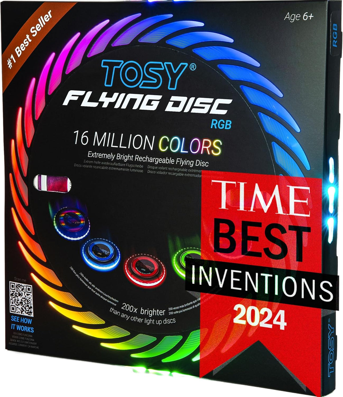 TOSY Flying Disc - 16 Million Colors RGB o 36 LEDs, Extremely Bright, Smart Modes, Camping Essentials para Teens/Kids/Adults/Men/Boys/Girls, Auto Light Up, Rechargeable, Waterproof, 175g