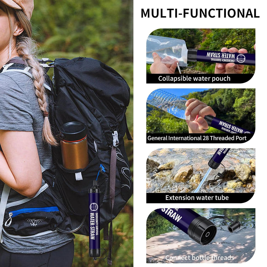 Pajita de filtro de agua de emergencia portátil para exteriores, paquete de 3 para senderismo, camping, pesca, sistema de purificación de equipos de supervivencia, accesorios de viaje