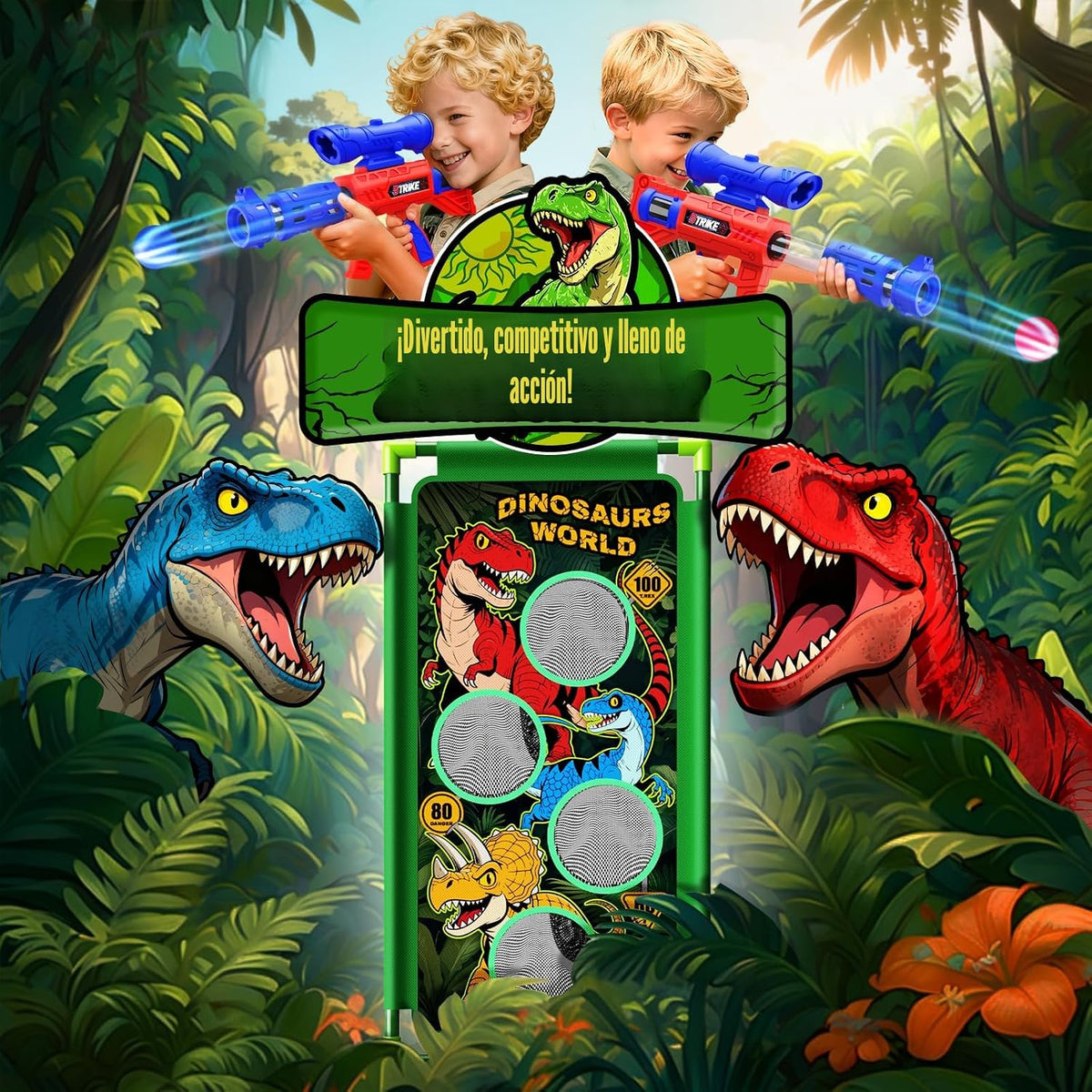 Juego de disparos con dinosaurios, 2 lanzadores de bomba de aire con diversión de apuntar, 3 temas de dinosaurios y 4 puntos de puntuación de objetivo, 24 bolas de espuma, juguete de regalo para niños