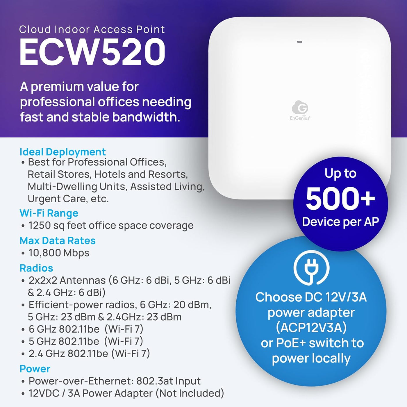 EnGenius Punto de acceso interior ECW520 Wi-Fi 7 Tri-Band - Velocid...