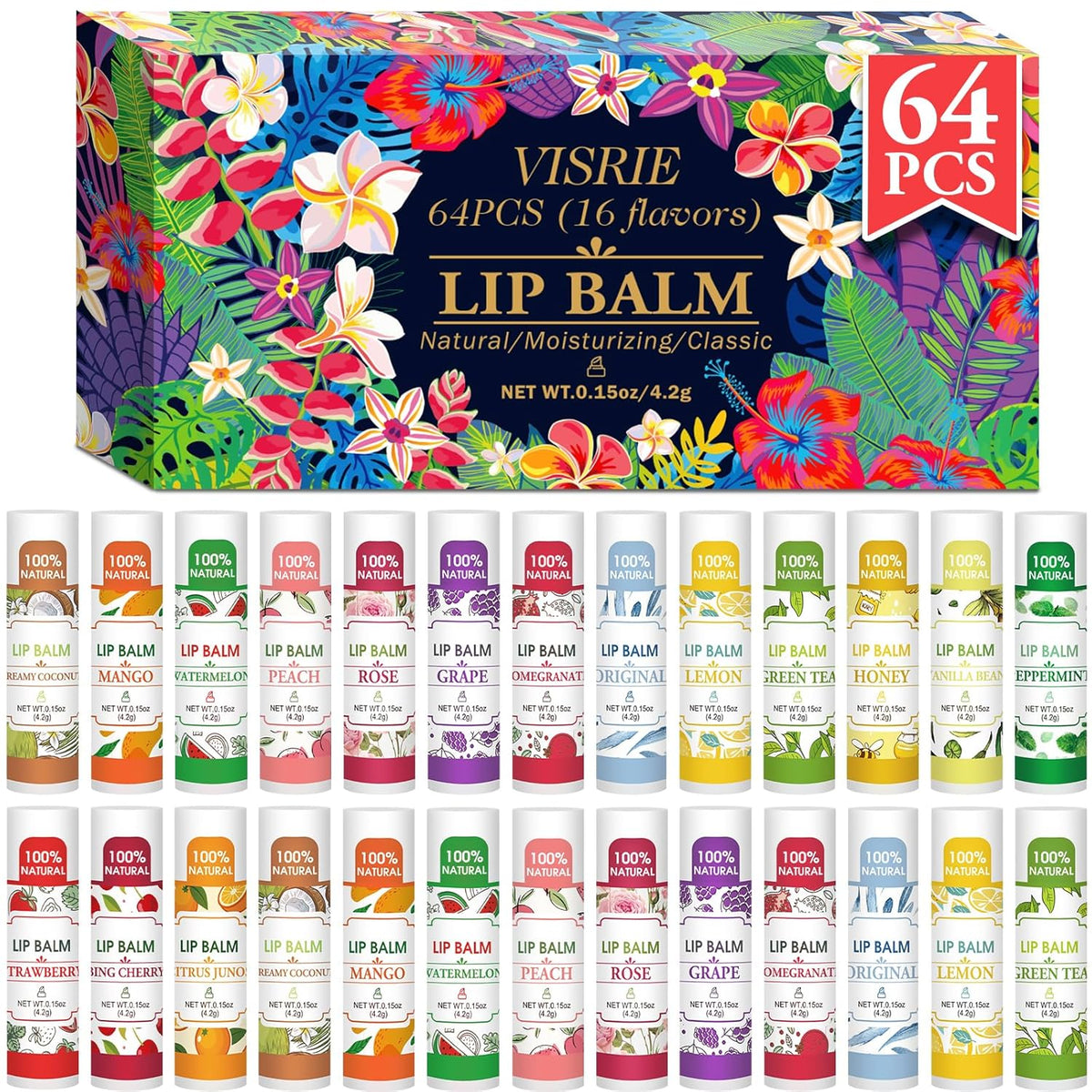 VISRIE Paquete de 64 bálsamos labiales, bálsamo labial natural a gr...