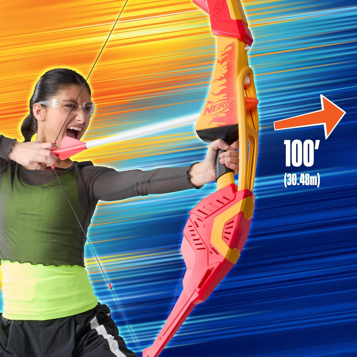 Nerf Pyrostrike Megabow, arco de 42 pulgadas dispara flechas de hasta 105 pies, 2 con puntas suaves, juguetes para niños al aire libre, a partir de 10 años (exclusivo de Amazon)