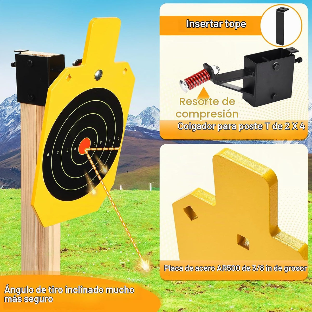 Sistema de soporte de acero AR500, objetivos de rehén de acero de 3/8 pulgadas de grosor con base de soporte estable de 2 x 4, kit completo de disparo con papel de objetivos de 10 piezas para
