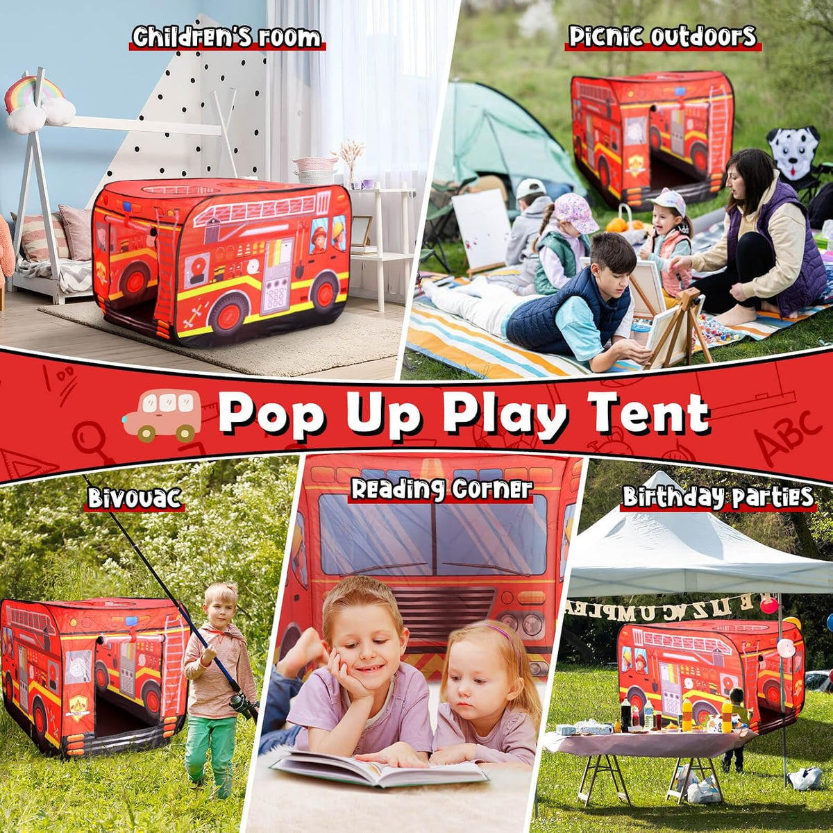 Camión de bomberos Pop Up Tent para niños, juguete interior/ exterior