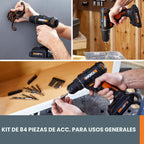 Worx Taladro Atornillador Inalámbrico de 20V, Kit de Accesorios de 84 Piezas, 2 Velocidades Variables, Par de 265 In-Lbs, Embrague 20+1, Ligero, Compacto, Portabrocas sin Llave de 3/8 Pulgadas