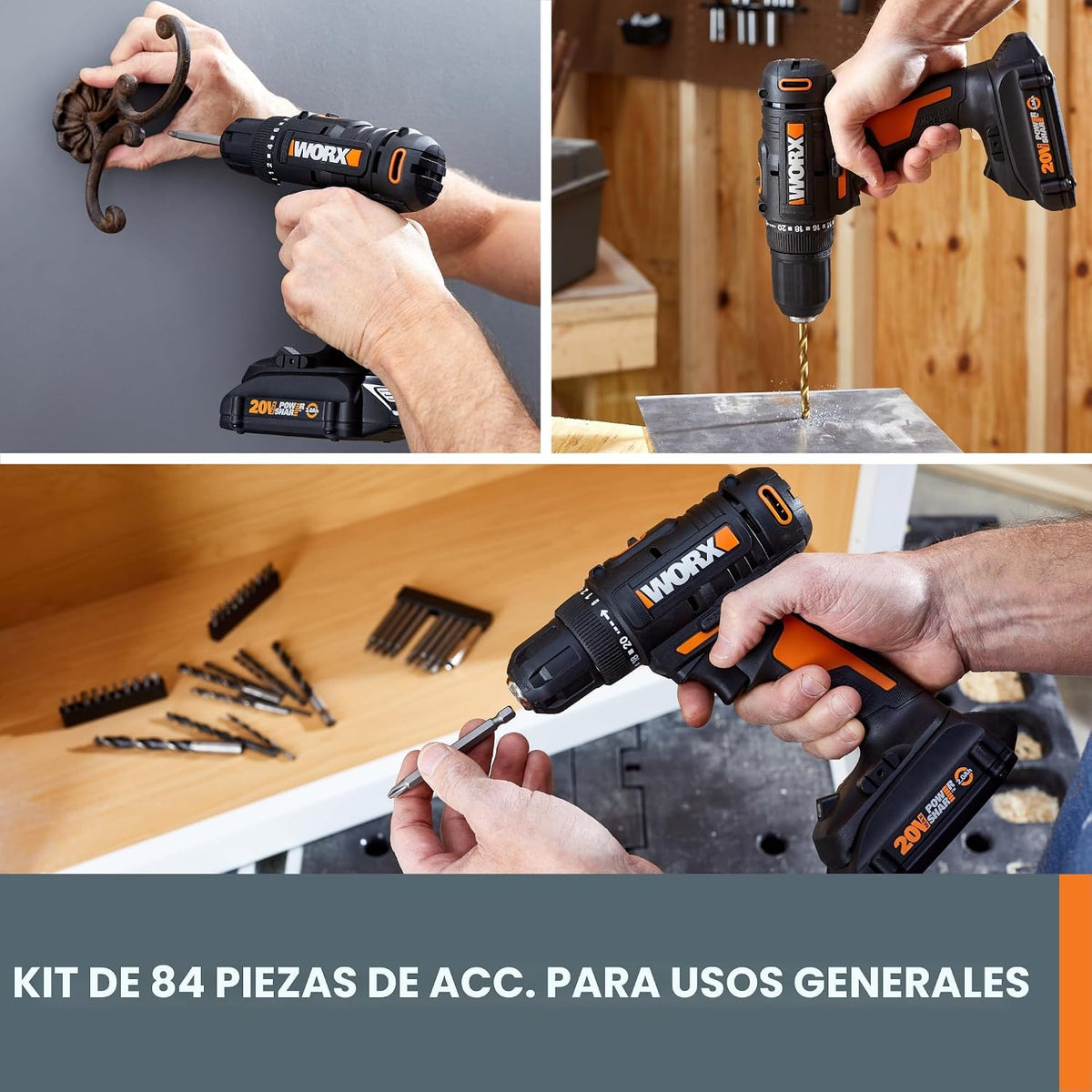 Worx Taladro Atornillador Inalámbrico de 20V, Kit de Accesorios de 84 Piezas, 2 Velocidades Variables, Par de 265 In-Lbs, Embrague 20+1, Ligero, Compacto, Portabrocas sin Llave de 3/8 Pulgadas