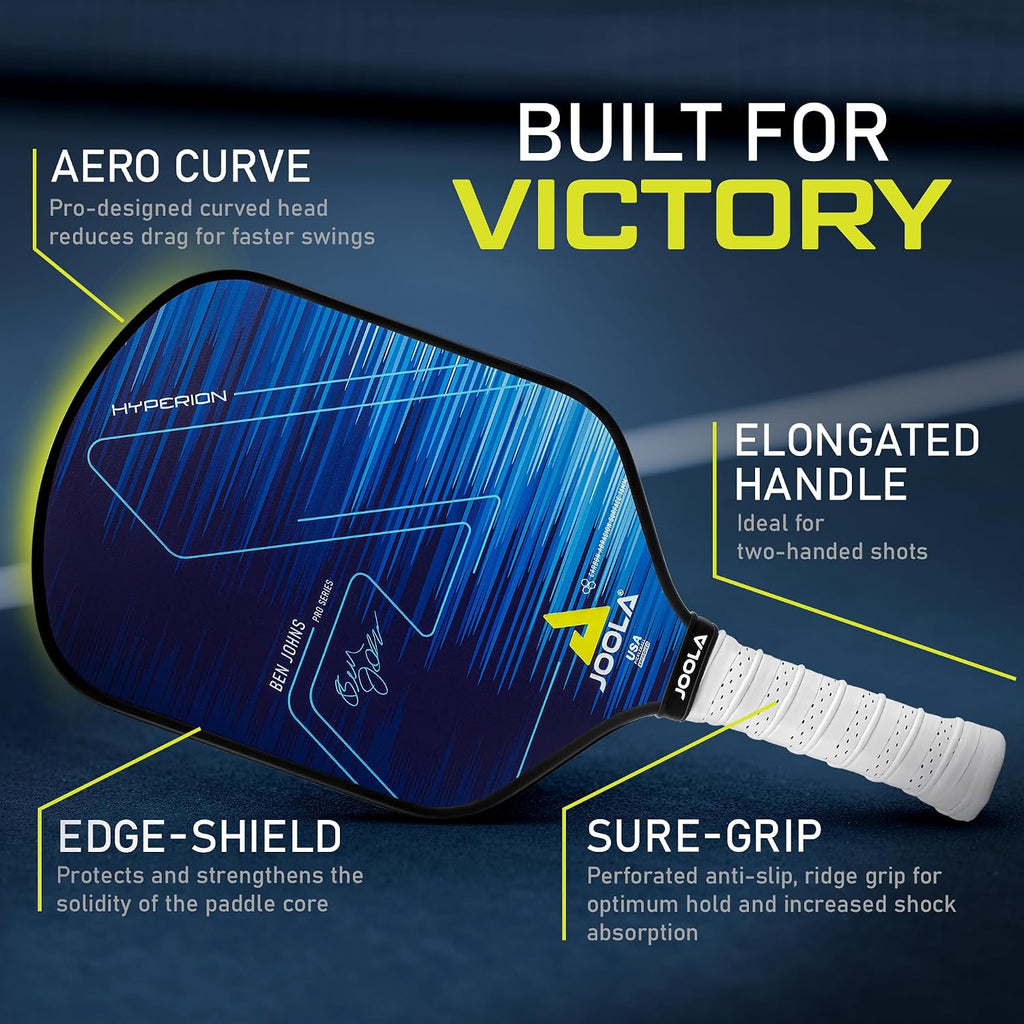JOOLA Ben Johns Hyperion Pickleball Paddle - Superficie de Carbón Raw Select o Superficie de Abrasión de Carbón para Mayor Potencia y Efecto - Mango con Empuñadura Alargada - Raqueta de Pickleball de Fibra de Carbono - Aprobada por USA Pickleball