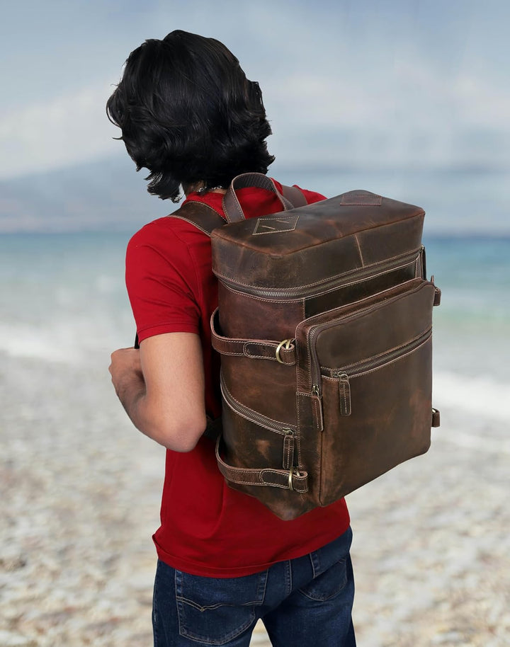 HLC Mochila de cuero genuino para computadora portátil para hombres...
