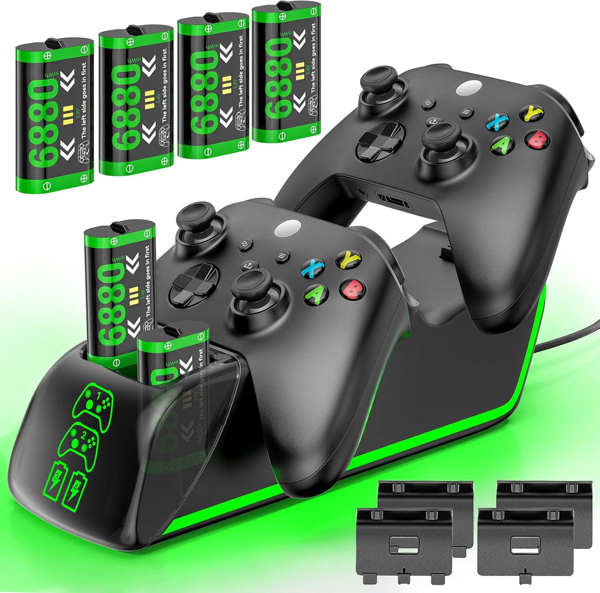 Cargador 4 en 1 para mandos Xbox Series/One X|S, con 4 paquetes de baterías recargables de 6880 mWh, carga controles remotos dobles y baterías simultáneamente, estación de carga cuádruple mejorada