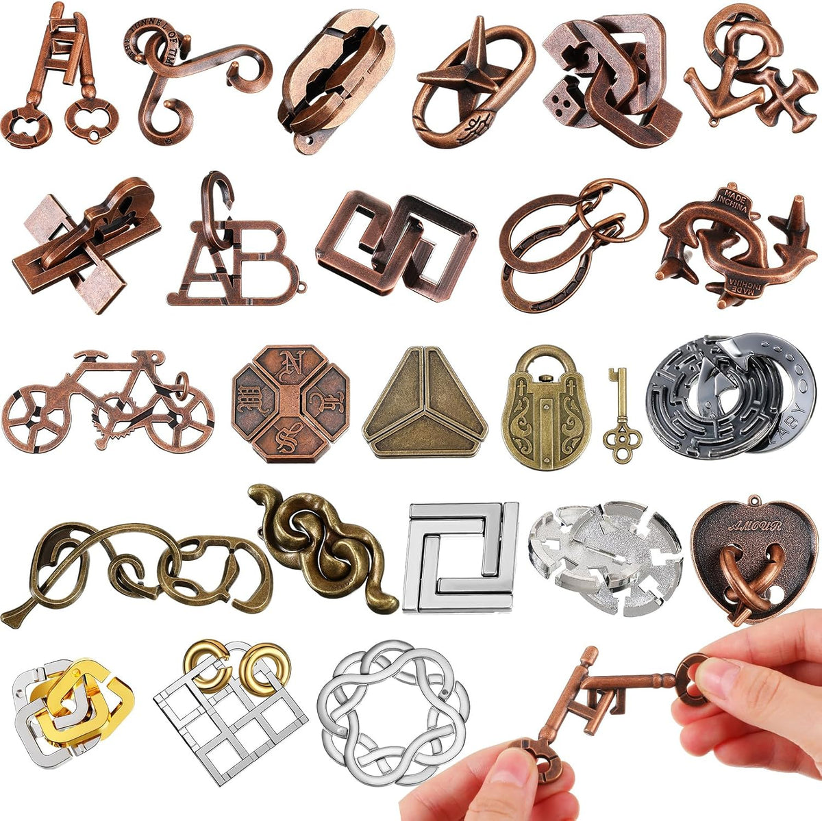 24 Piezas Rompecabezas Metálicos Tipo Enigma para Adultos, Puzzles Mágicos Muy Difíciles, Juegos Mentales de Alta Dificultad, Prueba de IQ y Lógica, Juego de Desenredo para Desafío Mental (Clásico)