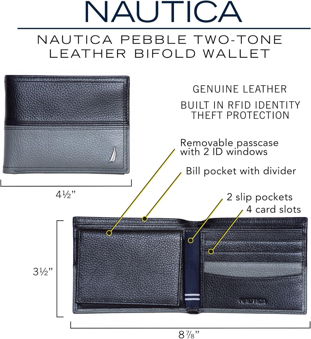 Nautica Men's Bifold Leather Wallet | RFID Blocking | ID Window...