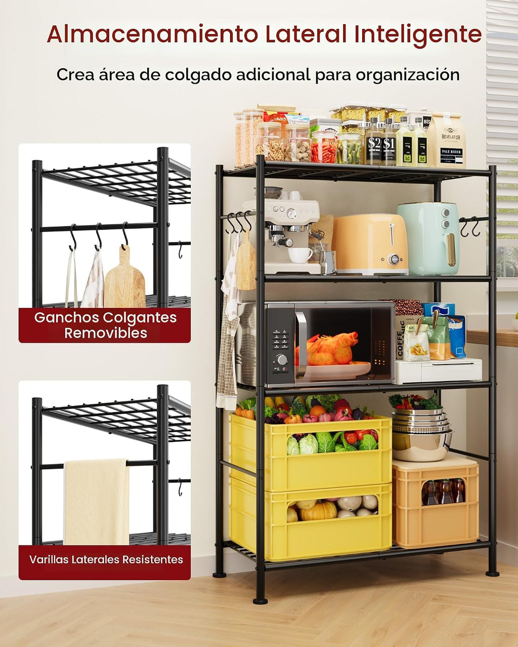 Estantería de 4 Niveles con 6 Ganchos, 33.2" x 12.7" x 57.3", negro