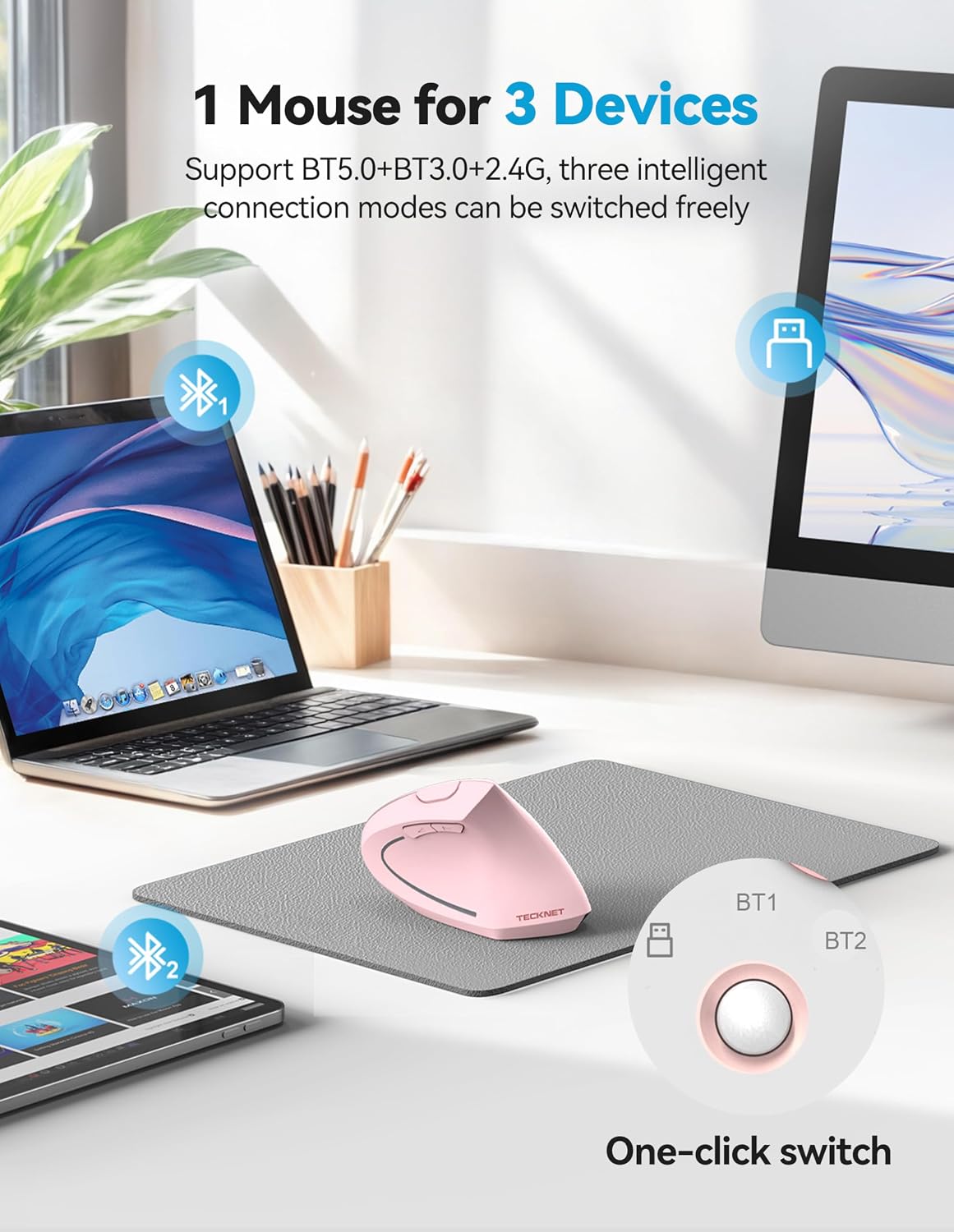 TECKNET Ratón ergonómico, Ratones verticales recargables 2.4G+Bluet...