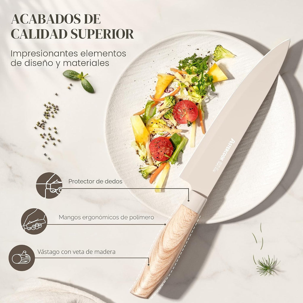 Astercook Juego de cuchillos de cocina de 6 piezas con bloque, cuchillos de cocina ultra afilados de acero inoxidable de alto carbono, mango de grano de madera, juego de bloque de cuchillos aptos para