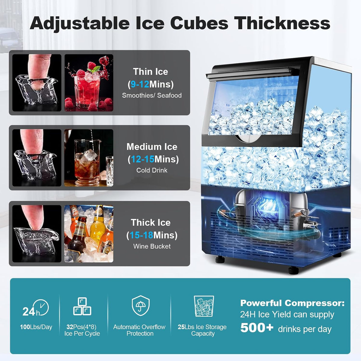 Amzgachfktch Máquina de hielo comercial, máquina de hielo 100lbs/24H debajo