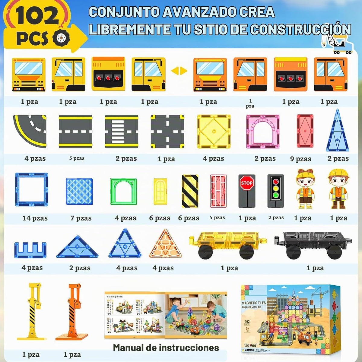 Soyee 102 azulejos magnéticos con 2 coches y 2 grúas