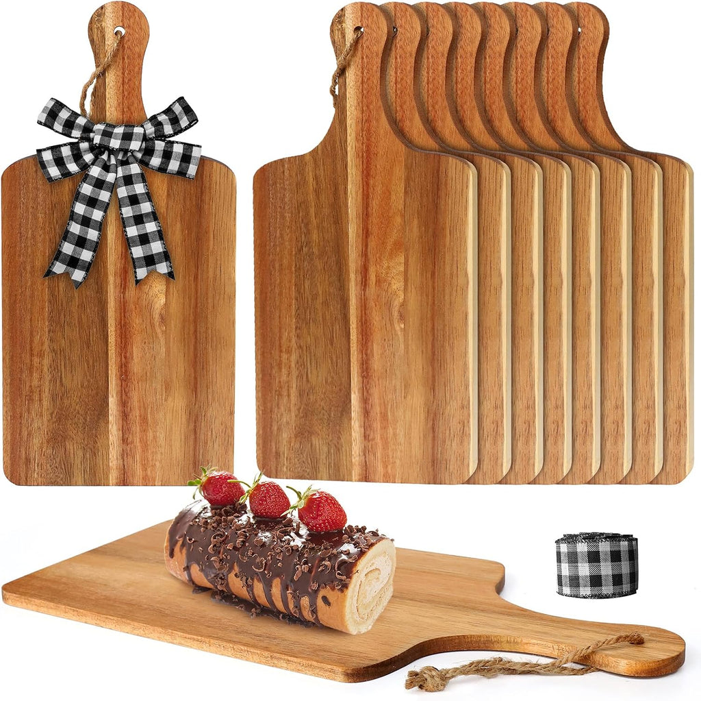 12 paquetes de tablas de cortar de madera de acacia, tabla de cortar lisa de 12 x 6 pulgadas con asas, tabla de cortar de madera para cocina, tabla de cortar a granel con cuerda y cinta a cuadros para verduras, carne, pizza, queso, pan de frutas