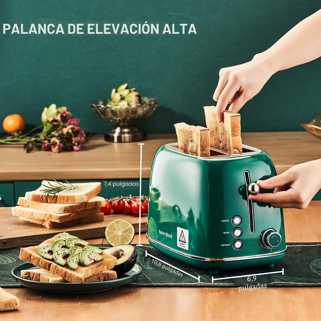 Roter Mond Tostadora de 2 rebanadas, de acero inoxidable, retro, con función de bagel, cancelar y descongelar, 6 ajustes de tostado de pan, ranuras extra anchas y bandeja de migas extraíble, Verde