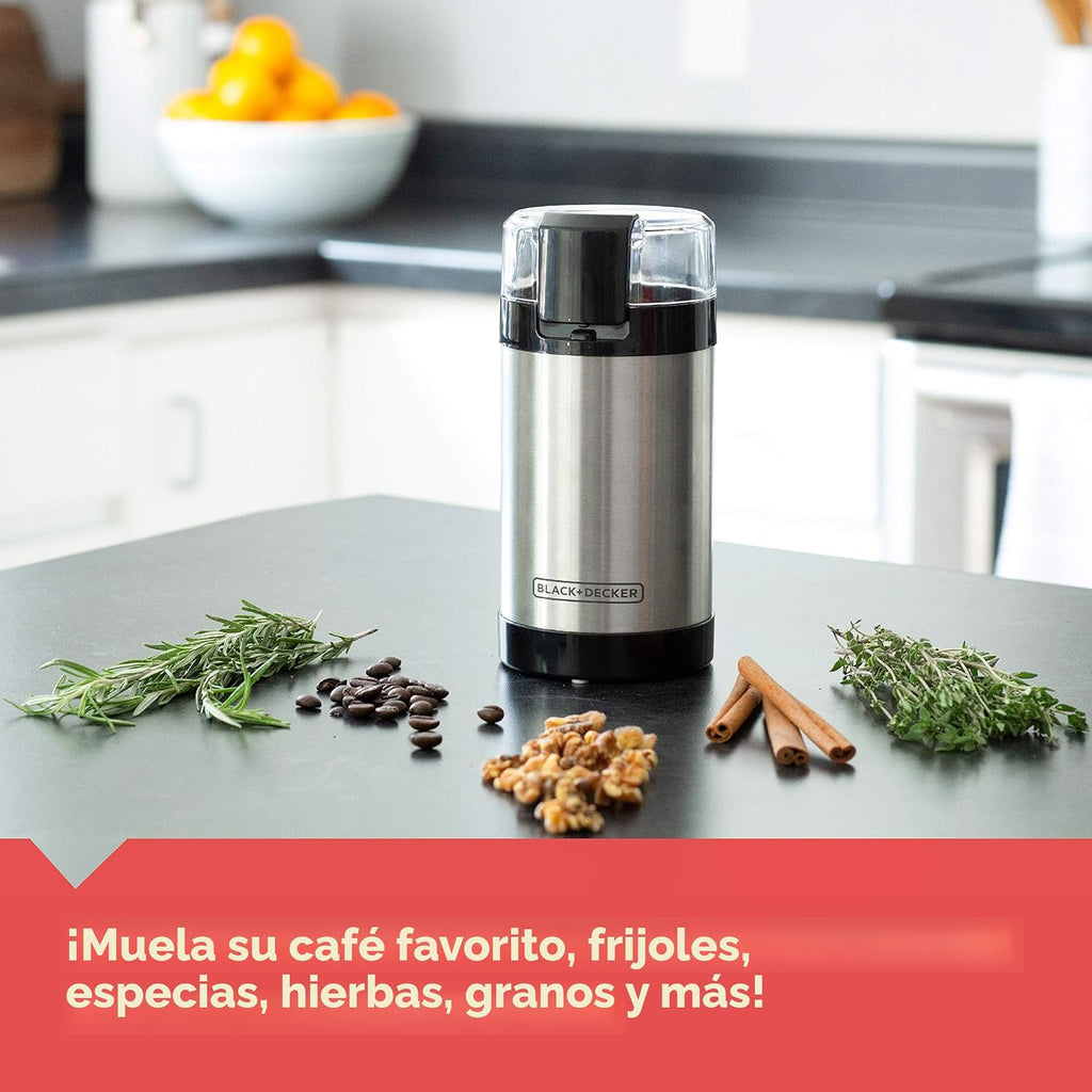 negro+DECKER Molinillo de Café One Touch, Capacidad de 2/3 taza para granos de café, Molinillo de Especias, Control de Botón de Un Toque -150 W -Cuchillas de Acero Inoxidable
