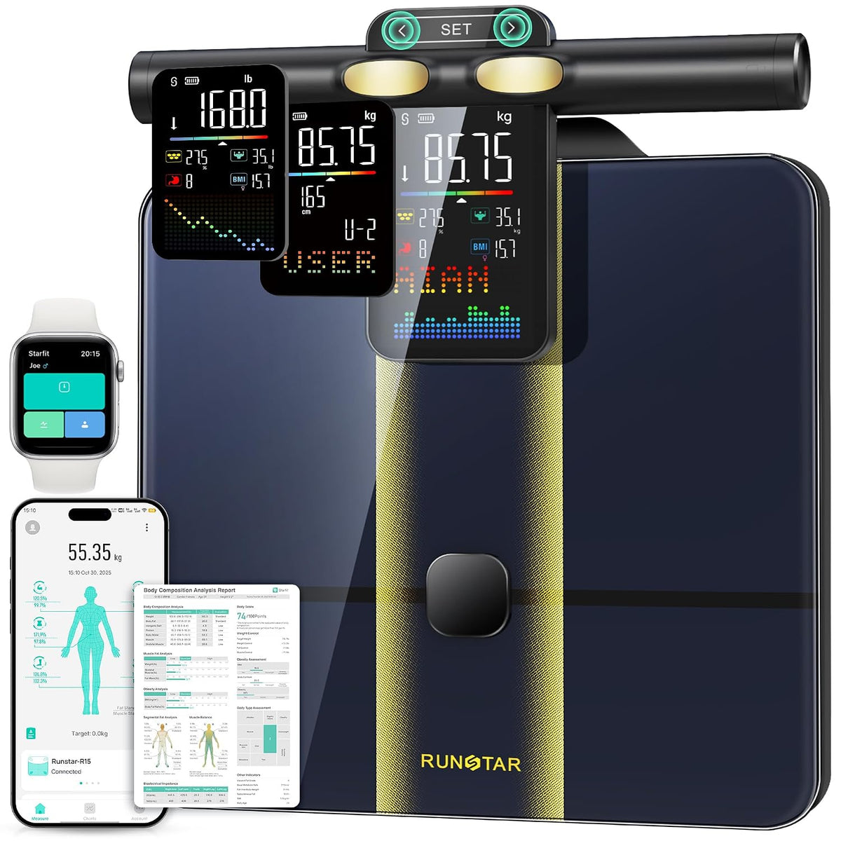 Báscula Inteligente RunStar para Peso Corporal con Manillar de Función SET, 50+ Métricas