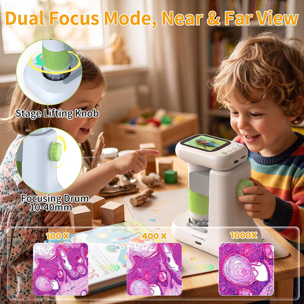 Microscopio para niños, 2.4" HD 1080P y 1000X juguete STEM
