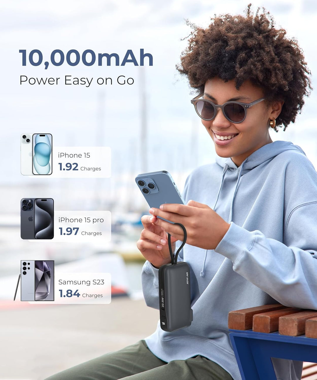 JOYFAR Cargador portátil de 22.5 W con cable USB-C integrado y ench...