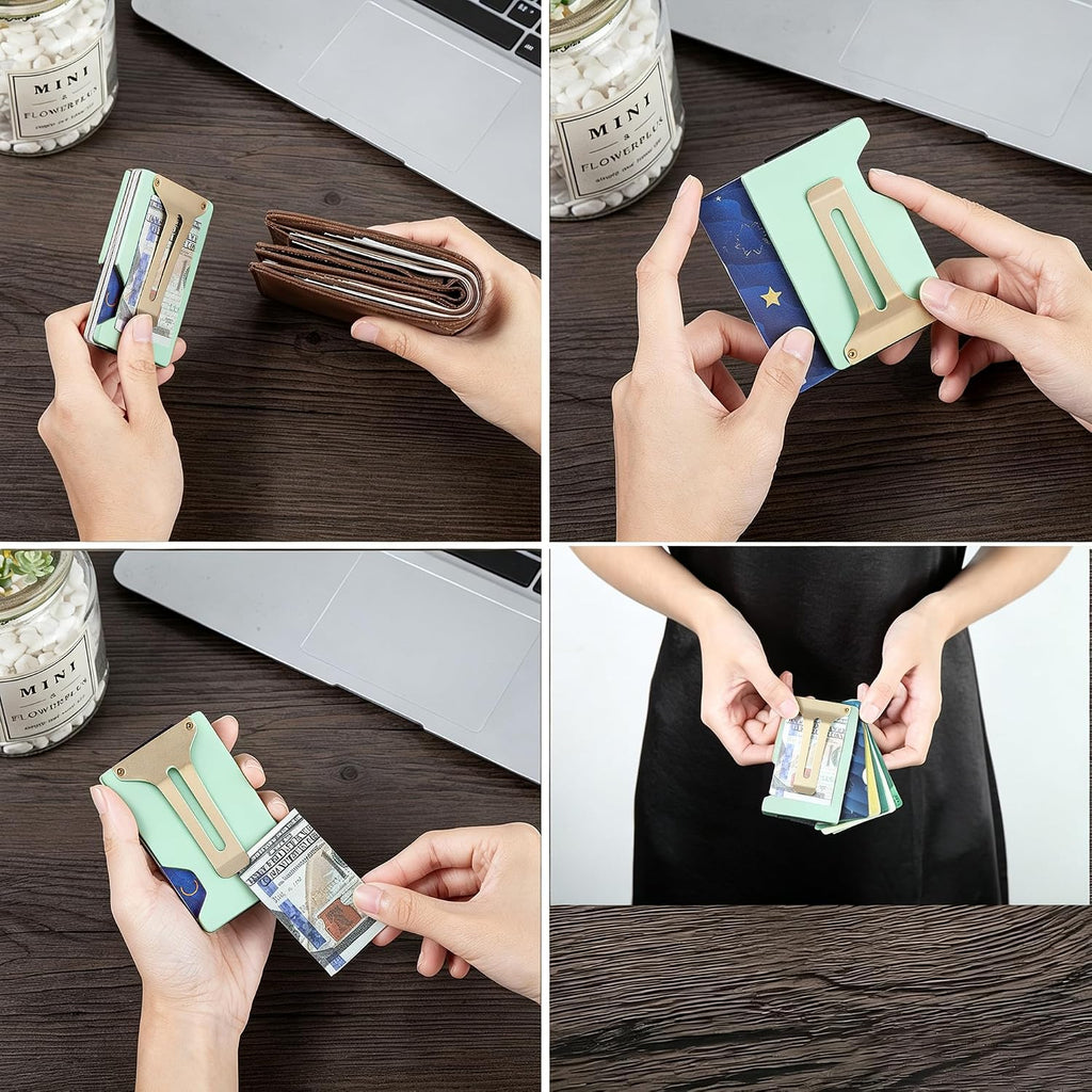 Mini RFID Cartera de aluminio para tarjetas de crédito Titular de tarjetas de visita Estuche de tarjeta de metal para mujeres, Verde menta, Minimalista
