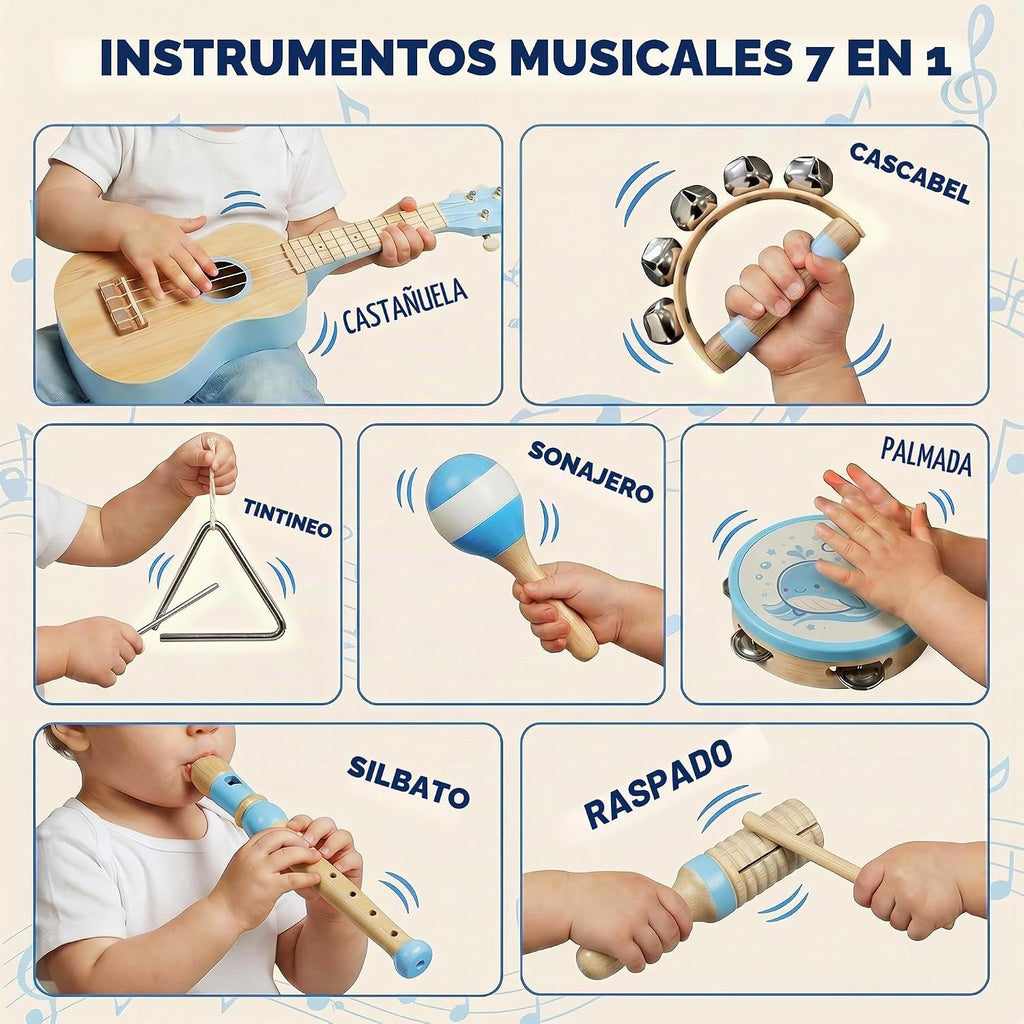 7 en 1 Kids Wooden Musical Instruments, Montessori Toddler Toys