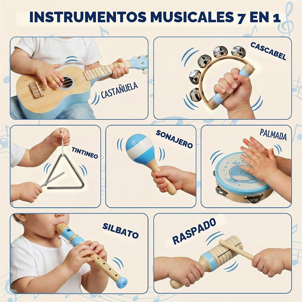7 en 1 Kids Wooden Musical Instruments, Montessori Toddler Toys