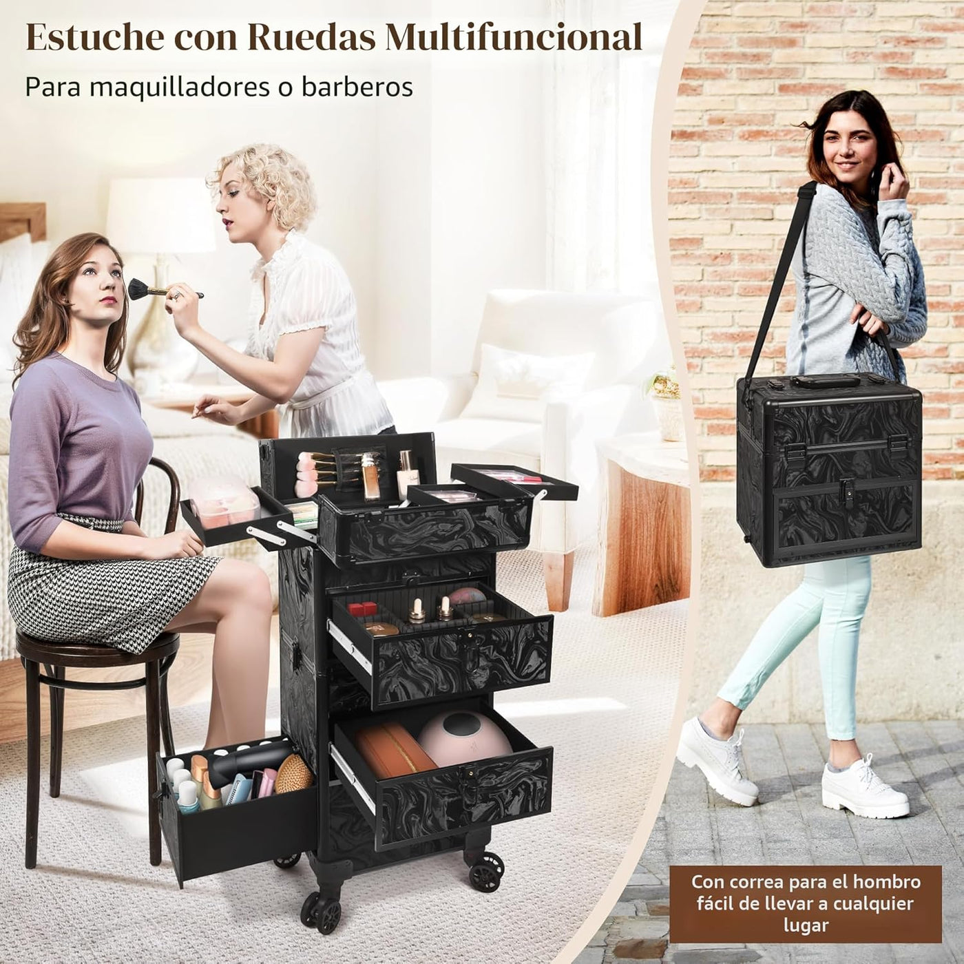 AROUS Estuche de maquillaje rodante con 3 cajones, estuche de cosme...