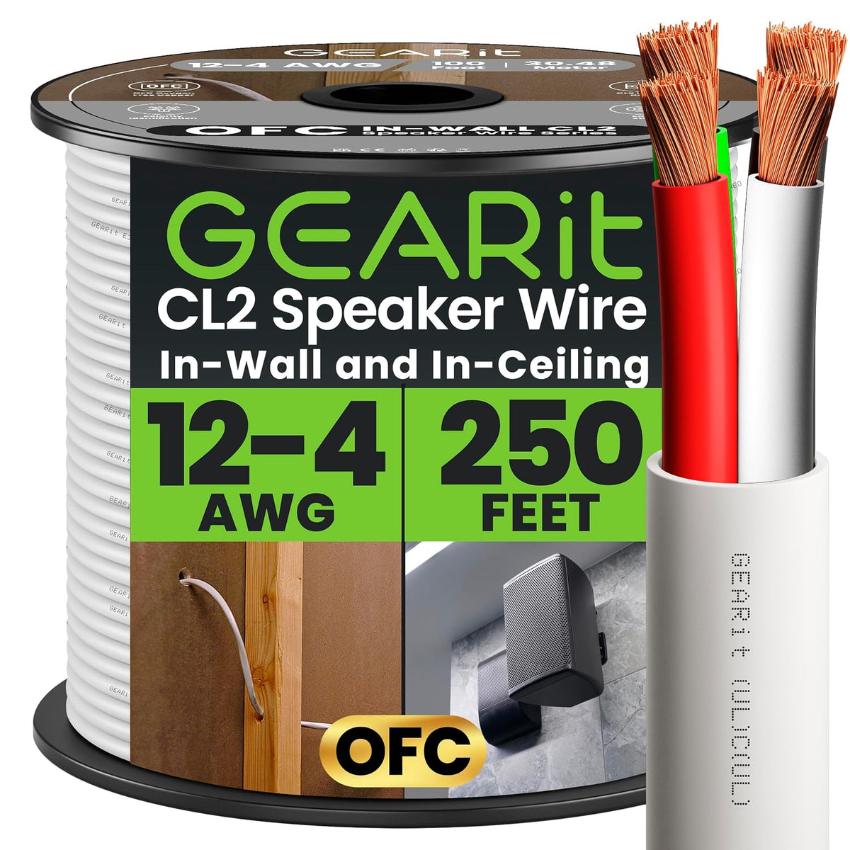 GEARit - Cable de altavoz de pared calibre 12, cable de altavoz OFC de 250