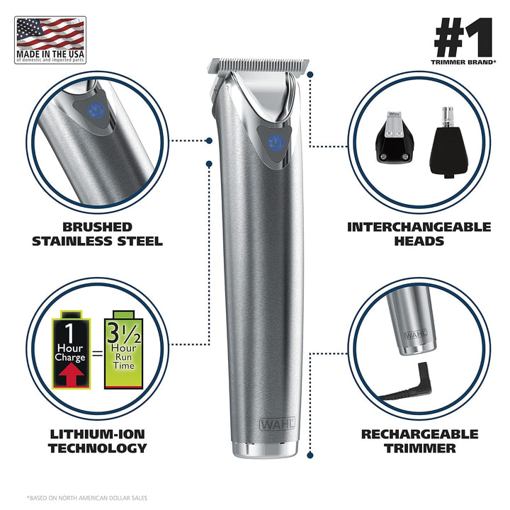 Wahl, afeitadora de acero inoxidable, ión litio, #9818.