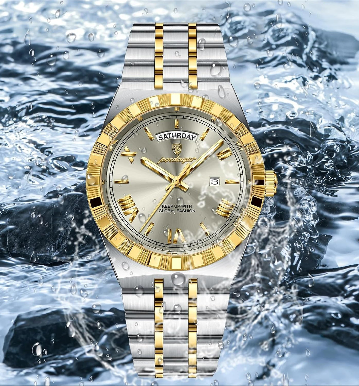 Poedagar Reloj de negocios para hombre, clásico de la semana, fecha, impermeable, luminoso, reloj de pulsera para hombre, acero inoxidable, moda de cuarzo, relojes masculinos