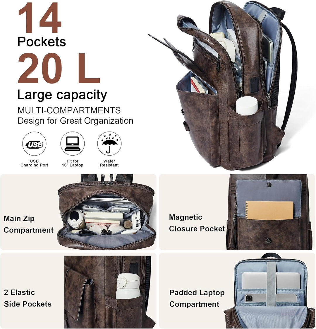 Shrrie Mochila para portátil de cuero vegano de 16 pulgadas con car...