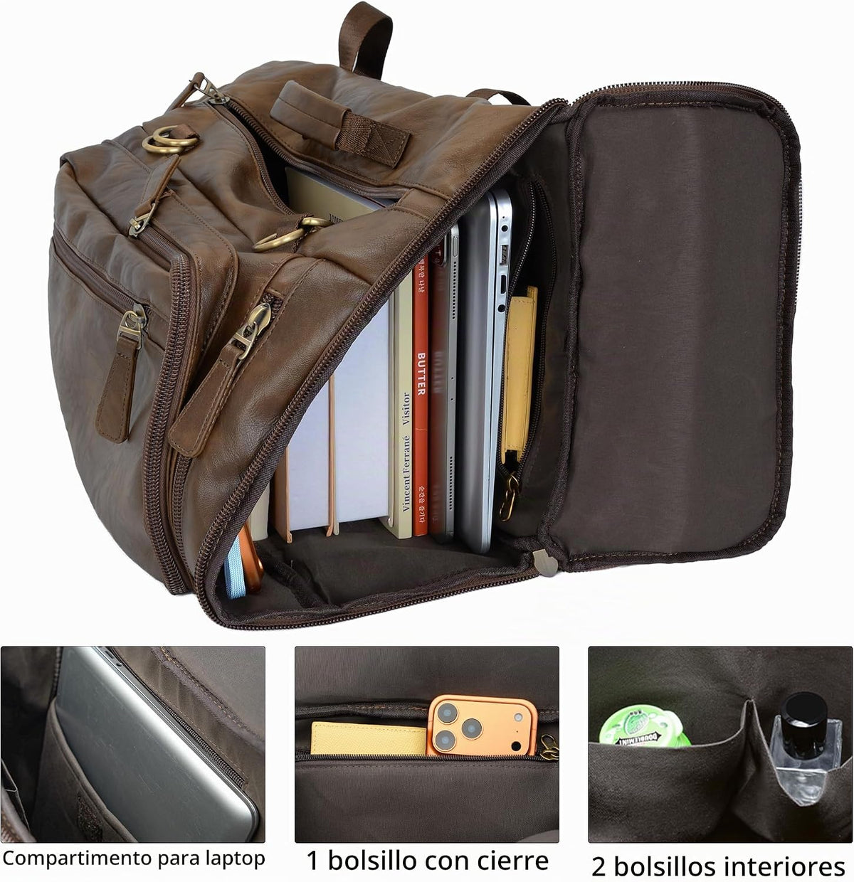 GOWIN Mochila de cuero vegano para portátil, maletín híbrido de 17 pulgadas, mochila de viaje para computadora portátil, mochila de senderismo para la universidad para hombres, Marrón