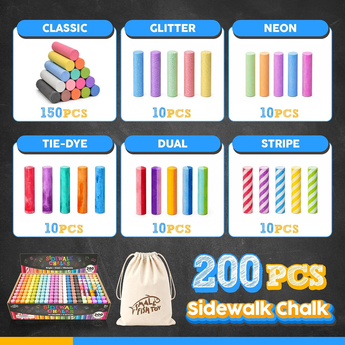 200 tizas de acera para niños, 6 estilos en 15 colores, tiza jumbo a granel