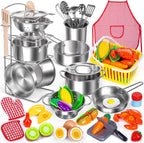 Juego de accesorios de cocina para niños, juego de 32 artículos de ollas y sartenes de acero inoxidable con organizador de estante, utensilios de cocina de metal y delantal, comida de juego con cesta