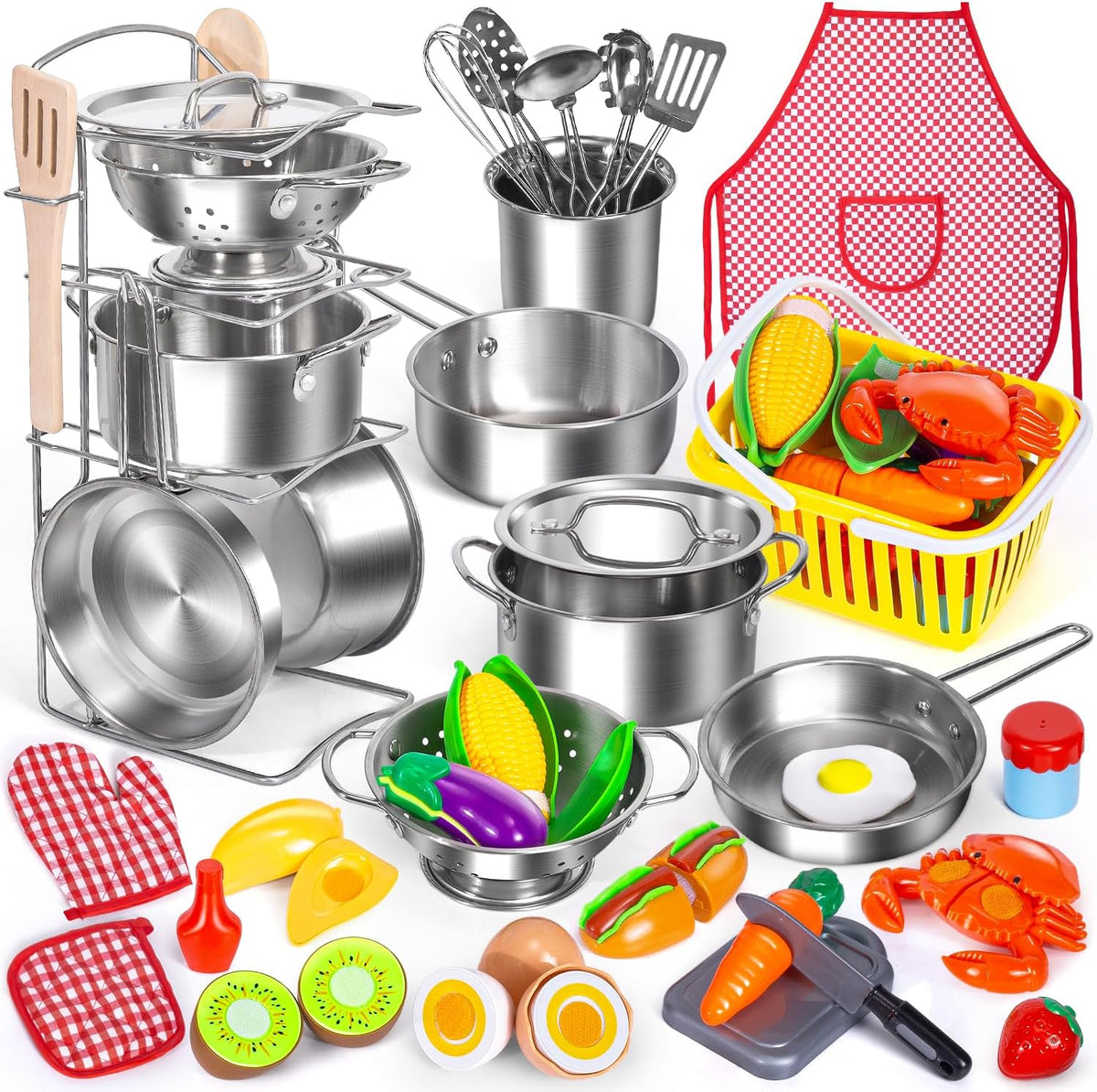 Juego de accesorios de cocina para niños, juego de 32 artículos de ollas y sartenes de acero inoxidable con organizador de estante, utensilios de cocina de metal y delantal, comida de juego con cesta
