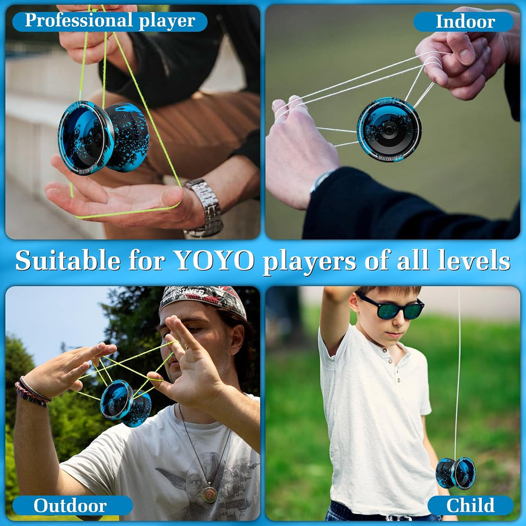 W09 Yoyo de Metal, Yo-Yo Profesional de Modo Dual Sensible/No Sensible Freestyle, Yoyo para Principiantes - Yoyo Profesional para Adultos, Paquete de Accesorios de Yoyo Perfecto, Negro/Azul