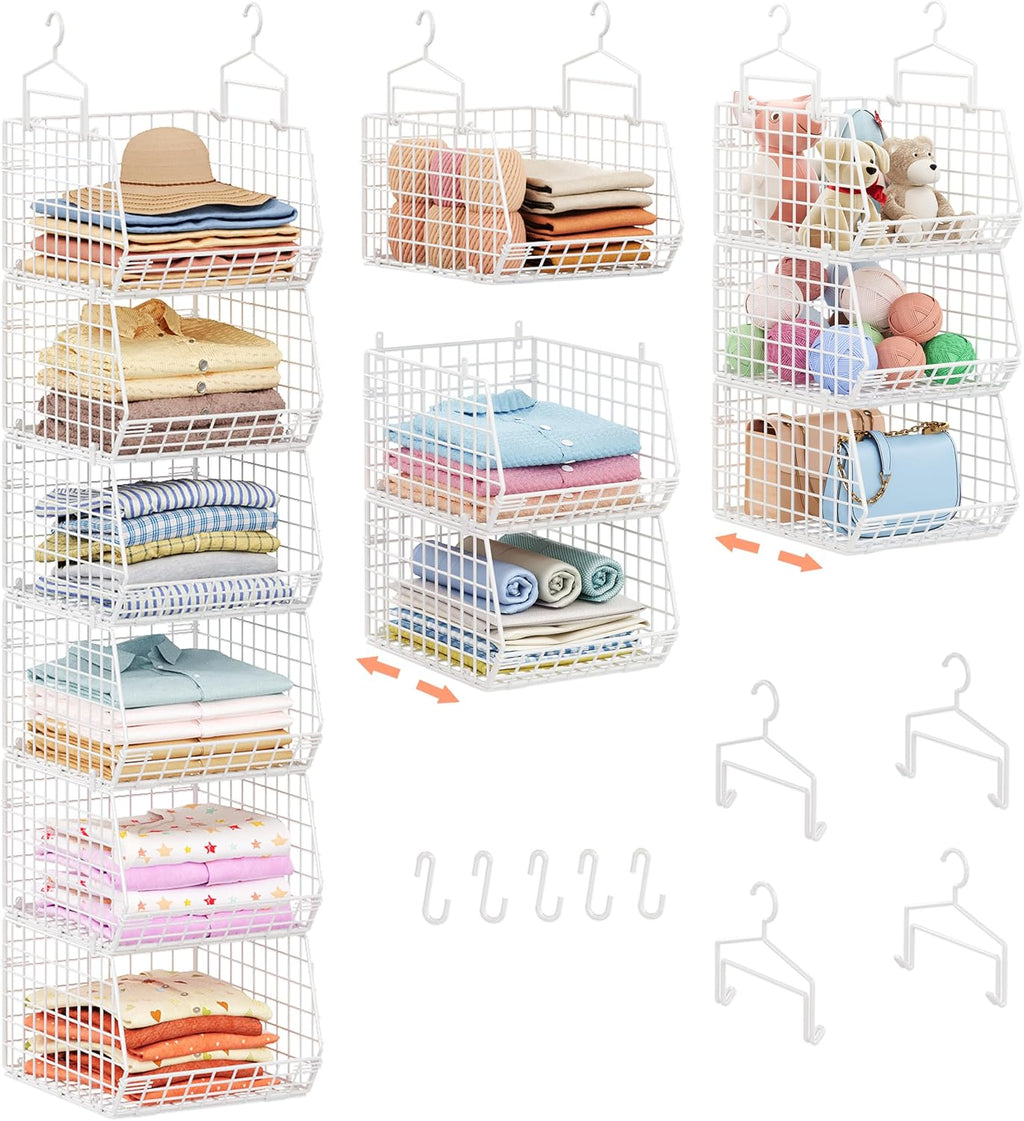 Organizador de armario colgante de profundidad extendida de 6 niveles, estantes colgantes de almacenamiento con ganchos para colgar ropa, suéteres, toallas, bolsos, cubos de malla metálica apilables