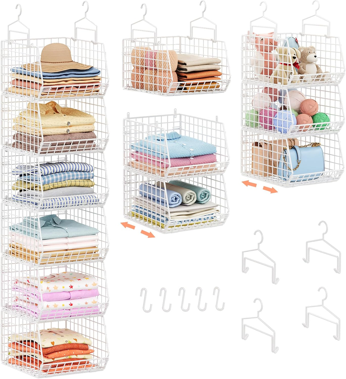 Organizador de armario colgante de profundidad extendida de 6 niveles, estantes colgantes de almacenamiento con ganchos para colgar ropa, suéteres, toallas, bolsos, cubos de malla metálica apilables